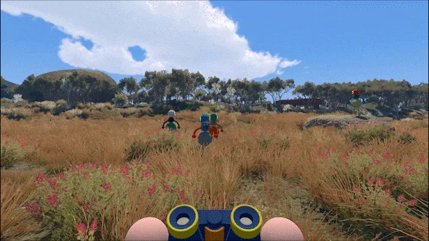 Friends crossing open grass while one player scouts with binoculars.