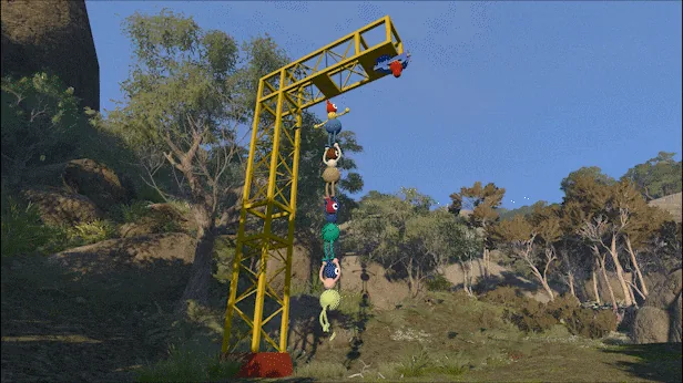 A long chain of players hangs beneath a yellow crane.