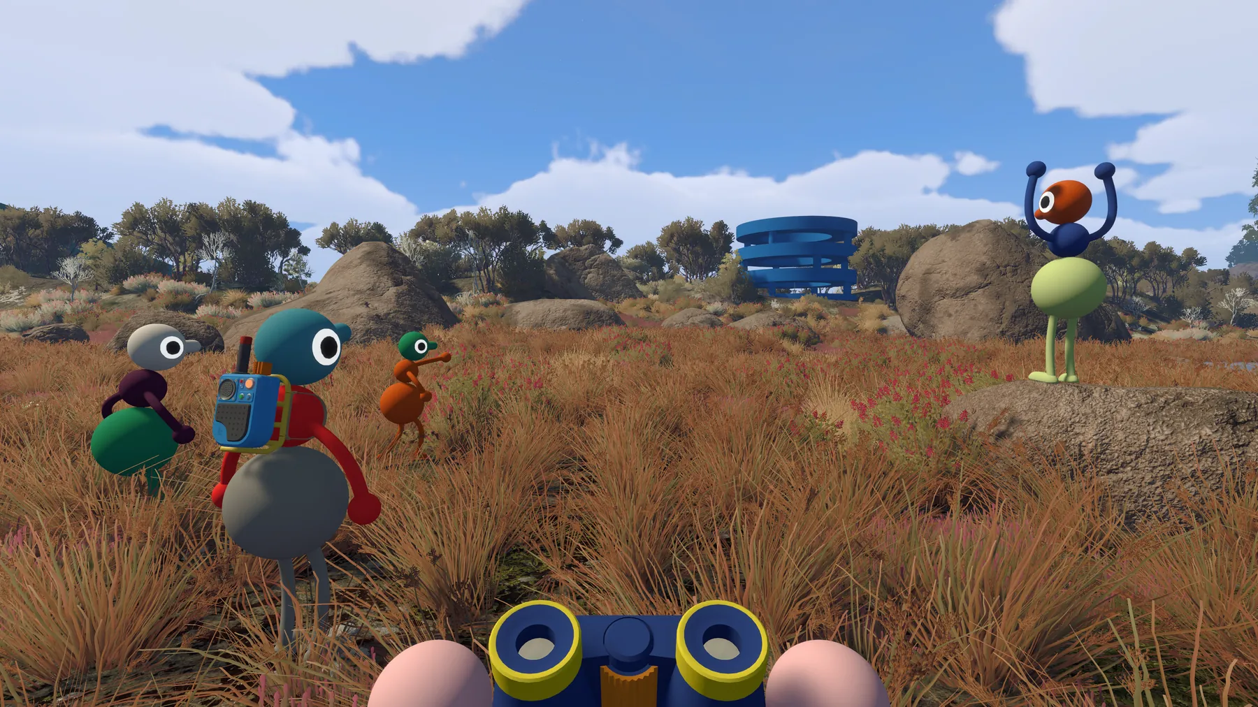 Binocular view of players and a distant blue tower