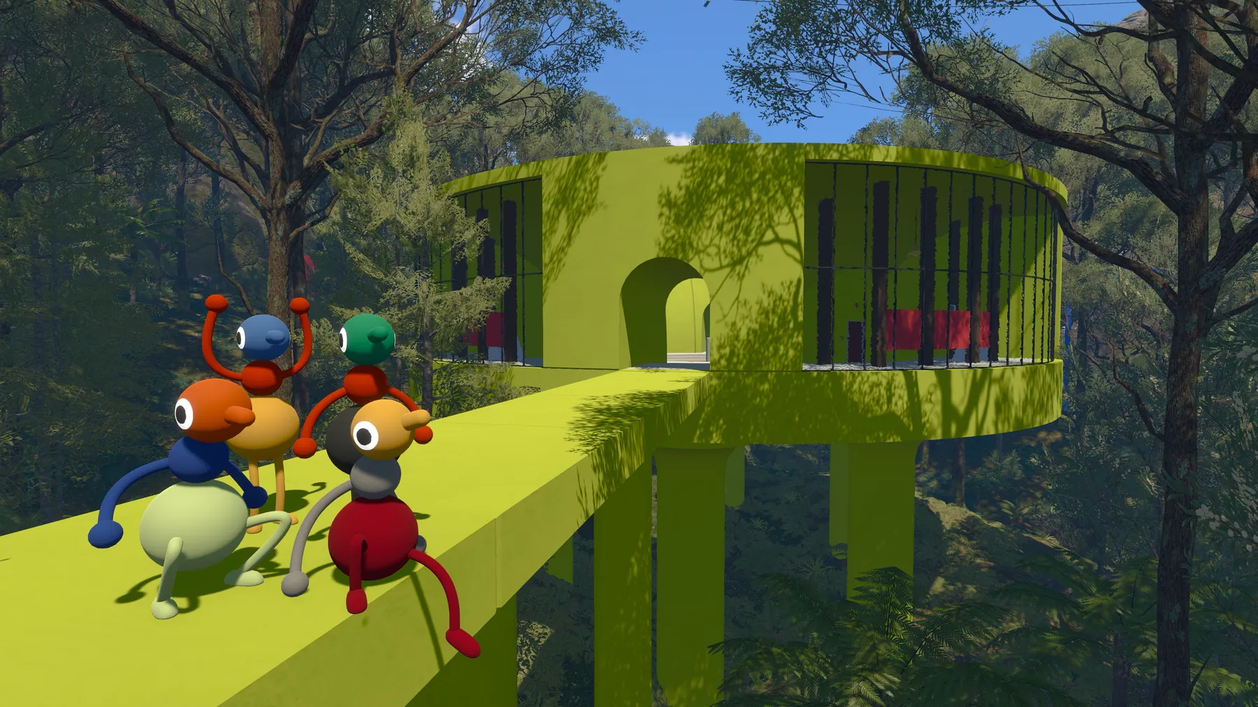 A group of players stacked beside a green tower structure