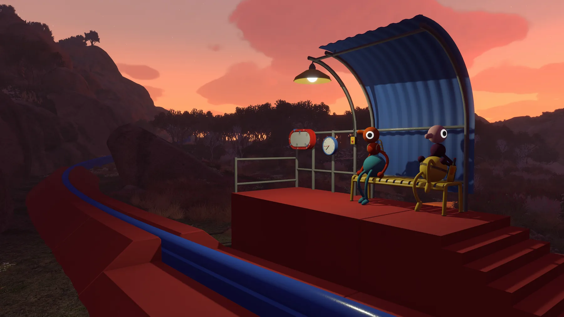 Two players waiting at a sunset transport platform