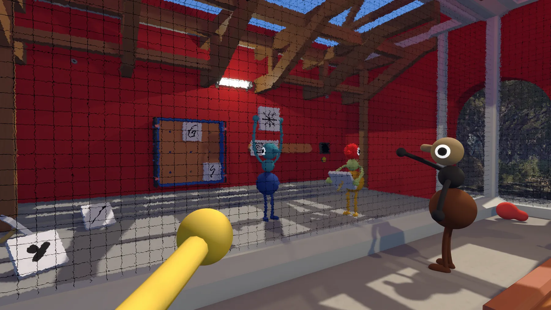 Players solving a separated red symbol-room puzzle